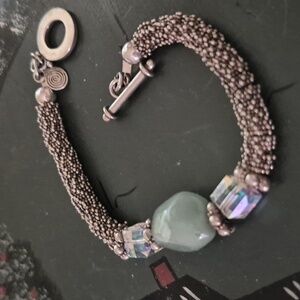 silver Multi textured Bead chain iridescent Faceted Jade Bead Toggle Bracelet